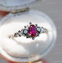 Pretty 2Ct Oval Cut Simulated Ruby Cluster Engagement Ring 925 Sterling Silver - £94.13 GBP