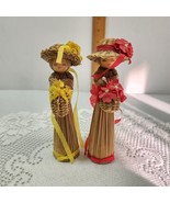 Lot of 2 Korean Handmade vintage straw dolls with hats and Bouquets red ... - $10.68