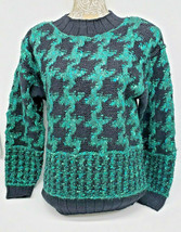 Vtg Hand Knit Wool Blend Pullover Sweater Green Black Houndstooth Size S... - $32.57
