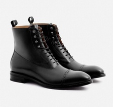Men&#39;s Handmade Black Leather Ankle High Boot, Men&#39;s Dress lace up boot, ... - £141.41 GBP