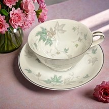 Noritake Greenwood 4-Footed Cups 4 Saucers Tea Set Silver Trim Leaves Japan 5769 - £30.37 GBP