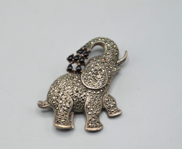Sterling Silver Elephant Brooch Marcasite Stone Trunk Up 925 Thailand NF 2&quot; - £38.06 GBP