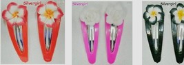 Plasic Coated Silvertone Hair Snap Clip With Plumeria Colored Flower - $7.99