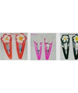 Plasic Coated Silvertone Hair Snap Clip With Plumeria Colored Flower - $10.85 CAD