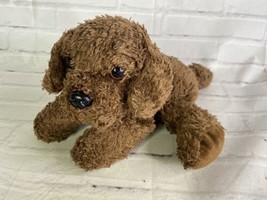 Aurora Dog Puppy Laying Brown Furry Stuffed Animal Plush Toy Red Collar - £21.79 GBP