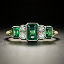 3Ct Simulated Emerald Cut Diamond Cluster Art Deco Vintage Ring 10K Yellow Gold - £429.05 GBP