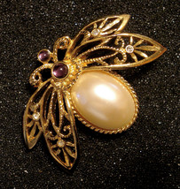 Avon Natures Flight Pin Gold Plated Faux Pearl Cab Beetle Lapel Brooch VTG 1990s - £23.16 GBP