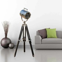 Designer chrome finish floor lamp search light with black wooden tripod stand - £251.40 GBP