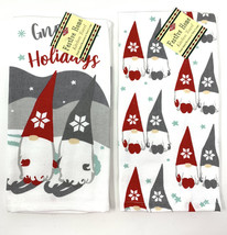 Christmas Gnome For The Holidays Kitchen Cotton Terry Towels Set Red Gray White - £20.77 GBP