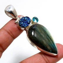 Labradorite Titanium Drusy Blue Topaz Gemstone Pendant Jewelry 2.60&quot; SA 8997 - £3.98 GBP