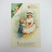 Postcard Greeting Valentine Antique Boy Blue Suit Kneel Girl Bonnet Apron Cupid - £7.87 GBP