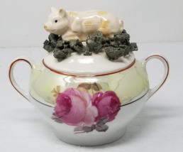 Pig Bowl Bavaria Porcelain Lidded Dish Hand Painted Floral Antique Porcine - £14.17 GBP