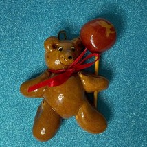 Vintage Handmade Brown Clay Teddy Bear With Red Balloon Ornament 3&quot; - $12.04