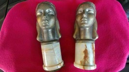 2 Antique Art Deco Style Lady Head Bust Statue Metal Marble Bookends - £222.65 GBP