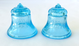 2 Degenhart Turquoise Blue Glass 1776-1976 Liberty Bells 2-1/8&quot; Tall Vintage - £13.69 GBP