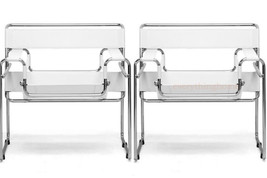 2x Ivory Off-White Leather Strap and Chromed Steel Bent Tube Frame Lounge Chairs - £624.80 GBP
