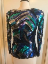 Vtg SILK 80s All OVer Sequin beaded Party Formal Top Long Sleeve back zipper xs - £27.31 GBP