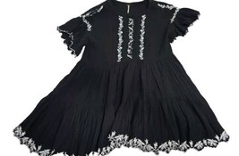 Free People Black Ruffle Boho Dress Embroidery Pockets Gauzy Tiered Sz S... - $39.95