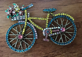 Sparkly Green &amp; Yellow Bicycle Bike Brooch Pin Rhinestones Encrusted w Basket - £11.87 GBP
