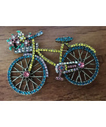 Sparkly Green &amp; Yellow Bicycle Bike Brooch Pin Rhinestones Encrusted w B... - $20.31 CAD