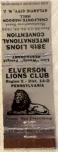 Matchbook Cover Elverson Lions Club International Convention Atlantic City Grey - £0.56 GBP