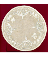 Vintage 7.5&quot; Hand Made Embroidered Linen Doily Sampler White Thread on B... - £3.94 GBP