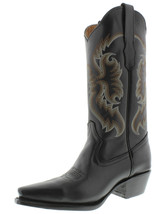 Women Mid Calf Western Cowboy Boots Black Stitched Leather Snip Toe Size... - $87.66