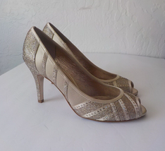Adrianna Papell Satin Beige Glitter Stud Peep Toe Pumps Shoes Women 8.5M Leather - £15.82 GBP