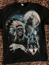 Vtg Wolf Howling At The Moon Indian Warrior Skeleton Shirt Sz M - £64.53 GBP