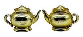 Vintage Tea Pot Belly Stove Salt Pepper Shakers Gold Tone Metal - $12.19