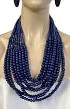 Navy Marine Blue Layered Casual Wooden Bead  Multistrand Necklace Earrin... - $24.37