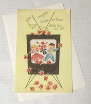 Vtg Unused MCM Get Well Singing Blues Greeting Card TV Television Roses 937A - £10.57 GBP