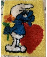 Hand Made Hook Rug Wall Hanging Smurf Love Flowers 2003 Signed - £11.56 GBP