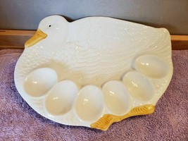 Ceramic Deviled Egg Platter Dish 6 Eggs Easter Spring White Goose Duck FS - £23.65 GBP