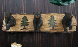 Rustic Forest Strolling Black Bears by Pine Trees 3 Pegs Wall Hooks Plaque 16&quot; - £40.08 GBP