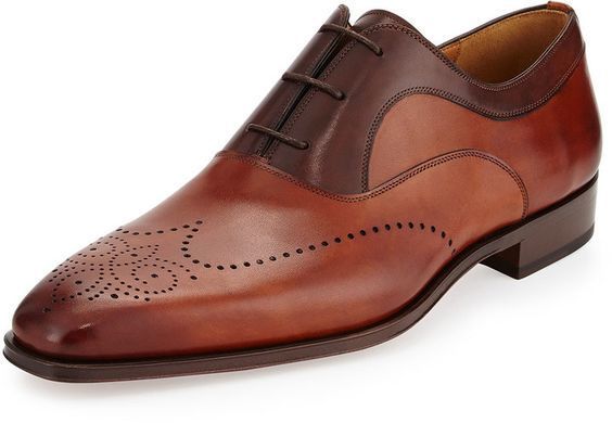 New Handmade Men's Two-Tone Perforated Oxford, Cognac/ Brown leather shoes 2019