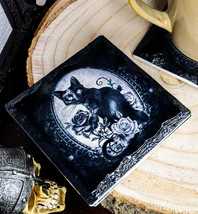 Ebros Witching Hour Feline Black Cat Roses Cork Backed Ceramic Coasters Set of 4 - £21.57 GBP
