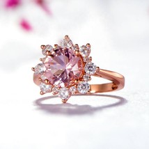 Created 4.5Ct Simulated Morganite &amp; Diamond Halo Engagement Ring 14K Gold Over - £92.05 GBP