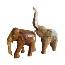 Lot Of 2 Vintage Hand Carved Wooden Elephant Statues Figurines  7” H X 5”W - $18.69