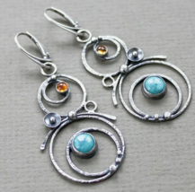 Retro Style Silver Plated Circle Earrings with Round Synthetic Gems ! - £11.98 GBP