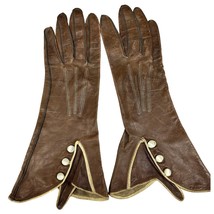 Antique 20s 30s  Brown Leather Gauntlet Gloves White River Pearl Buttons XS - $167.51