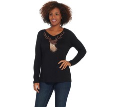 Quacker Factory Metallic Reindeer Long-Sleeve Knit Top in Black - £152.56 GBP