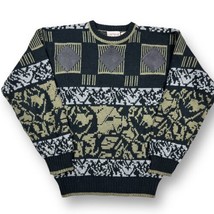 Vintage 90s Campus Knit Multicolor Sweater Leather Accents Camo Geo Medium - $29.69