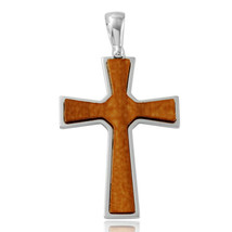 925 Sterling Silver Big Wooden Wood Cross Religious Pendant Necklace - £31.47 GBP+