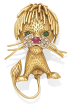An item in the Everything Else category: 18k Giallo Oro Vintage Leone Spilla Con Smeraldo, Rubino, e Diamante