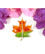 ENAMEL Fall LEAF PIN Vintage Orange Red Green Autumn Colors Goldtone 1 7/8&quot; - $335.02 MXN