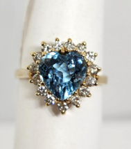 3.20ct tw Aquamarine Heart &amp; Diamond Halo 14k Gold Ring, Size 7.75 - £1,793.59 GBP