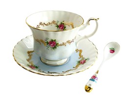 Vintage Royal Albert INVITATION SERIES Blue Teacup 2.75&quot;  Spoon &amp; Saucer... - $77.97