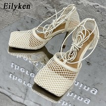 New Sexy Mesh Pumps Sandals Female Square Toe High Heel Lace Up Cross-Tied Stile - £30.64 GBP