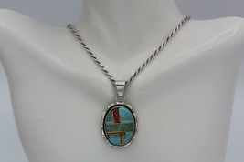 WYDELL BILLIE Navajo Silver Mosaic Turquoise Coral Large Oval Pendant Rope Chain - £194.98 GBP